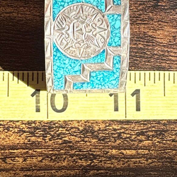 Sterling Silver Turquoise Inlay Aztec Calendar Motifs Hinged Cuff Bracelet 6.75" - Picture 10 of 11
